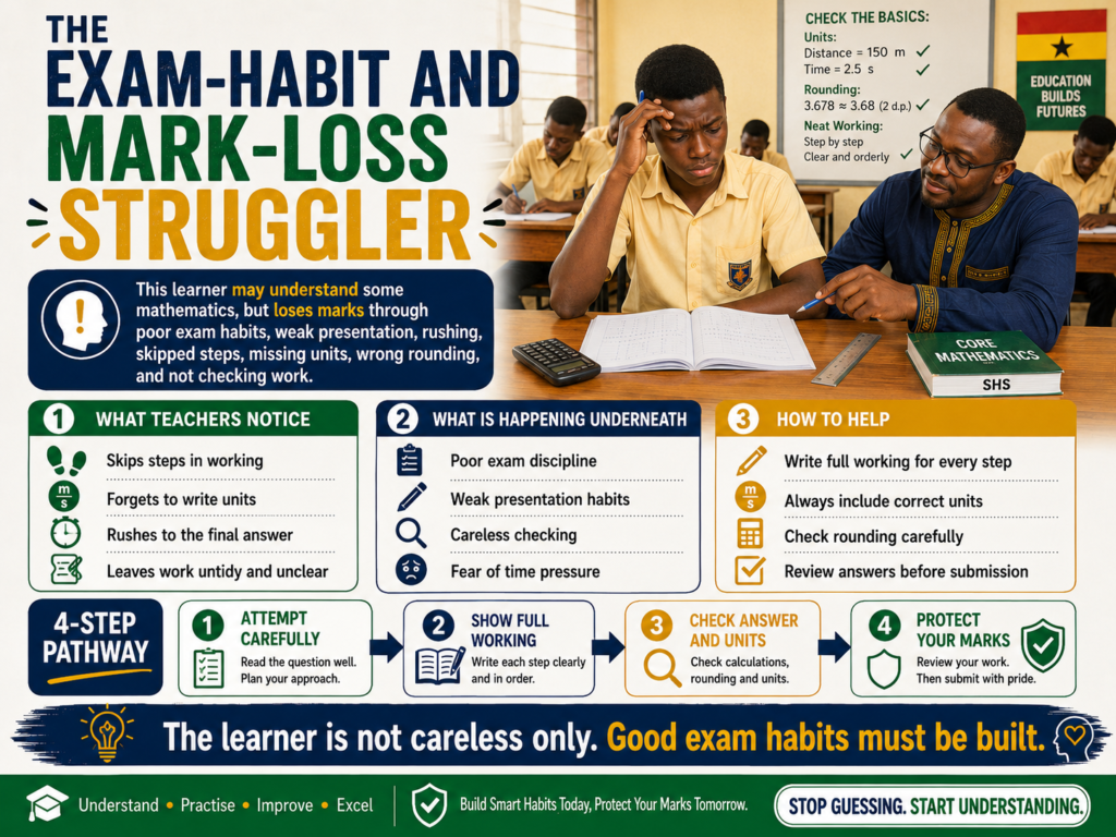 A Ghanaian SHS student receiving support as an exam-habit and mark-loss mathematics struggler learning to improve presentation, units, rounding, and checking in Core Maths.