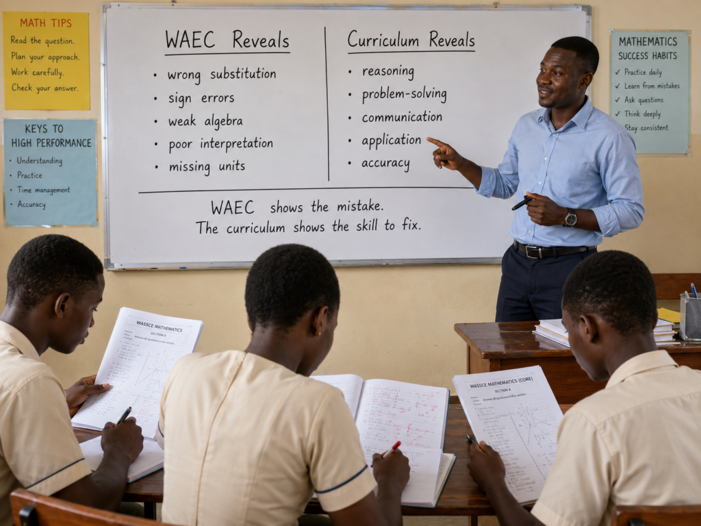 Ghanaian SHS mathematics teacher explaining what WAEC and the curriculum reveal about Core Maths mistakes, while students study corrected WASSCE-style questions.