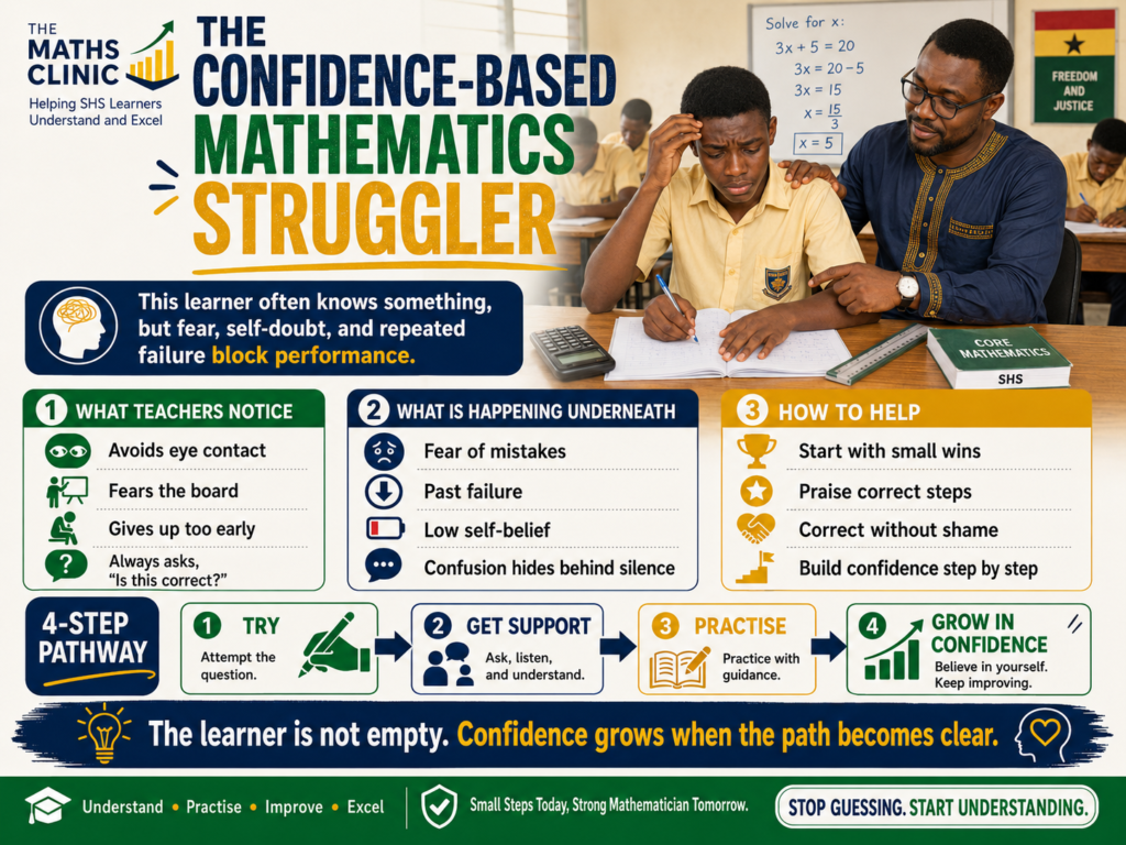 A Ghanaian SHS student receiving support as a confidence-based mathematics struggler learning to overcome fear, self-doubt, and low confidence in Core Maths.