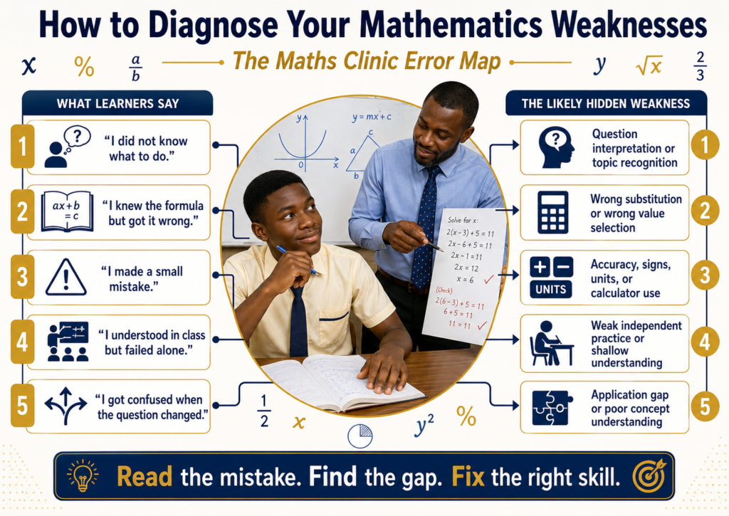 a Ghanaian SHS maths teacher helping a student connect common learner statements to hidden weak areas such as question interpretation, wrong substitution, accuracy, independent practice, and concept understanding.