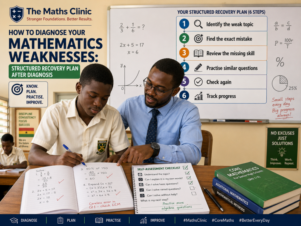 A Ghanaian SHS student using a self-assessment checklist to diagnose mathematics weaknesses and follow a structured Core Maths recovery plan after diagnosis.