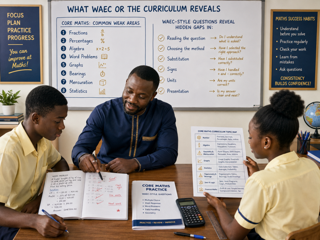 Ghanaian SHS students learning how WAEC-style Core Maths questions reveal mathematics weaknesses in fractions, algebra, word problems, graphs, bearings, mensuration, and statistics.