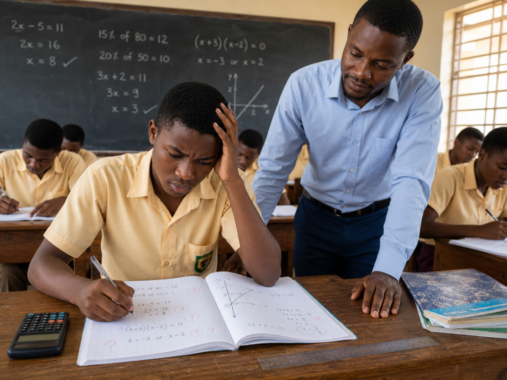 A Ghanaian SHS student learning how to diagnose mathematics weaknesses with a supportive Core Maths teacher in class.