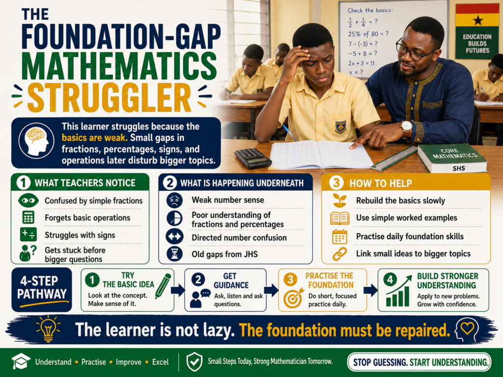 A Ghanaian SHS student receiving support as a foundation-gap mathematics struggler learning to rebuild weak basics in fractions, percentages, signs, and operations.