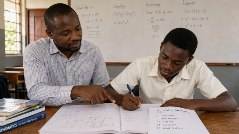 Ghanaian SHS mathematics teacher helping a student diagnose mathematics weaknesses with a checklist and corrected exercise book in a calm WASSCE Core Maths classroom.