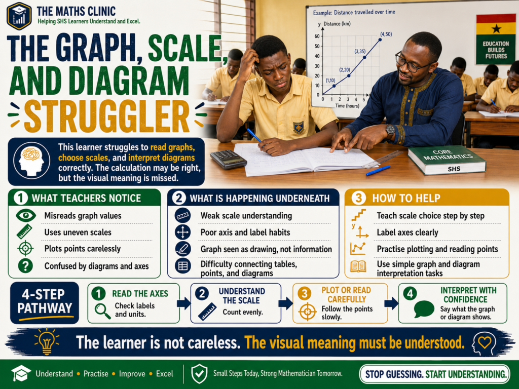 A Ghanaian SHS student receiving support as a graph, scale, and diagram mathematics struggler learning to read graphs, choose scales, and interpret diagrams correctly.