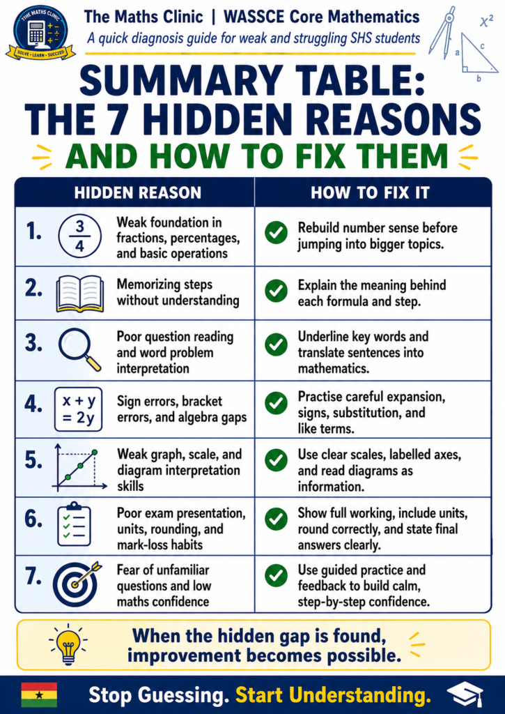 Summary table infographic showing the 7 hidden reasons SHS students struggle with WASSCE Core Mathematics and simple ways to fix each learning gap.