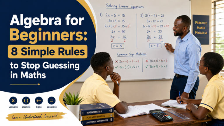 Algebra for Beginners image showing a Ghanaian SHS mathematics teacher explaining simple algebra equations, brackets, signs, variables, and common sign mistakes to students in a classroom.