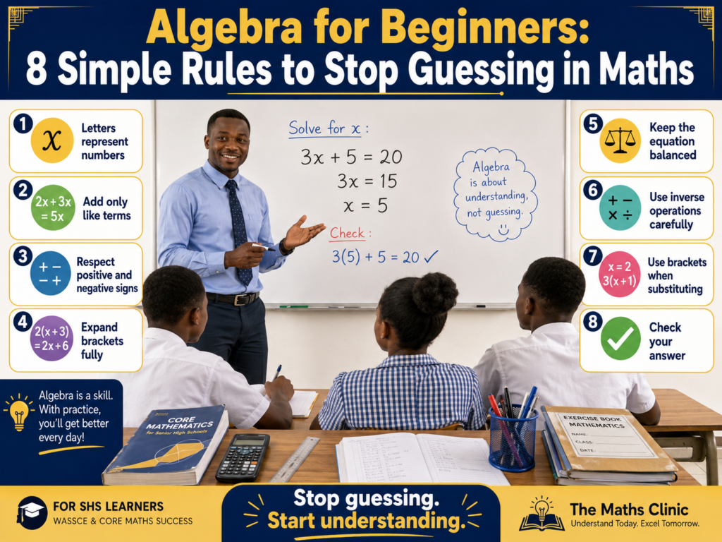 Algebra for Beginners infographic showing 8 simple rules to stop guessing in Maths, taught by a Ghanaian SHS mathematics teacher.
