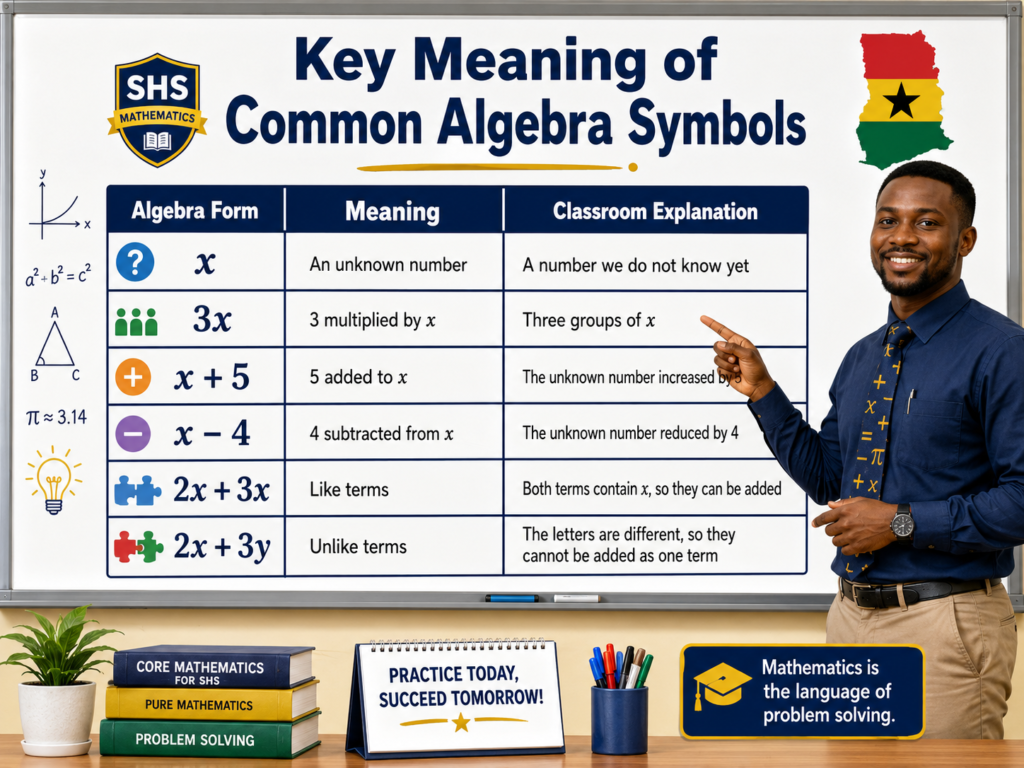 Algebra for Beginners chart explaining common algebra symbols like x, 3x, like terms, and unlike terms for Ghanaian SHS Core Maths learners.