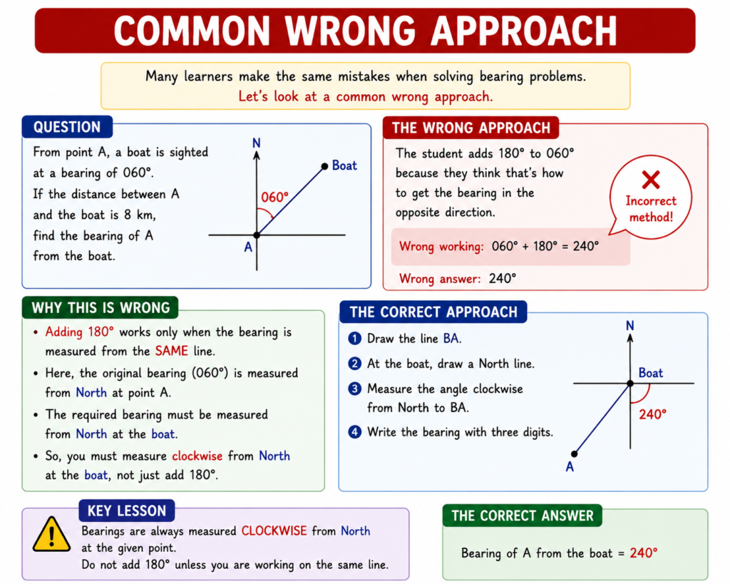 Bearing in Core Maths common wrong approach showing a learner’s mistake with reverse bearings and the correct clockwise measurement from North.
