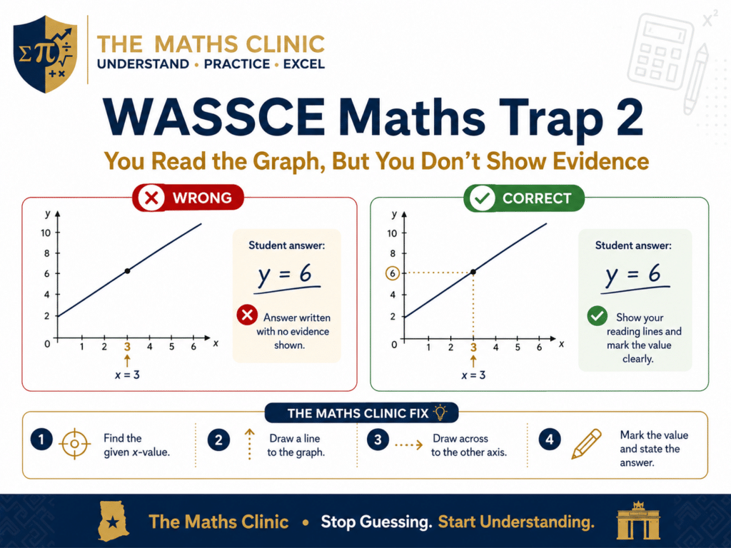 WASSCE Maths trap showing the wrong and correct way to read values from a graph in Core Mathematics