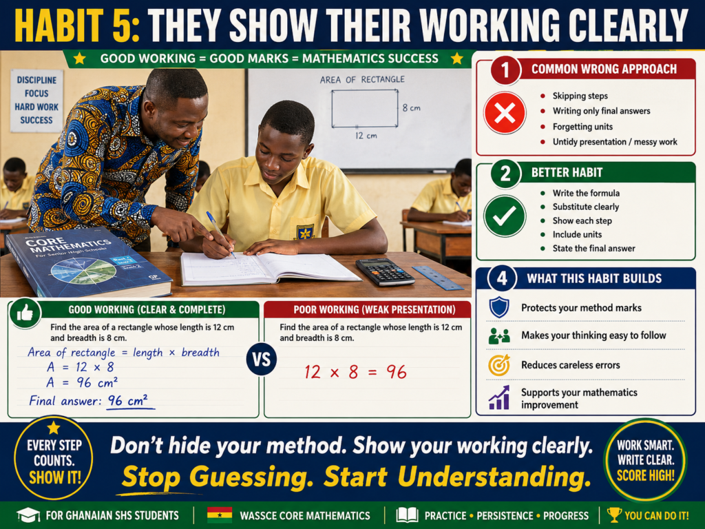Infographic showing a Ghanaian SHS learner improving in Core Mathematics by showing working clearly, using formulas, steps, units, and final answers instead of writing only the answer.