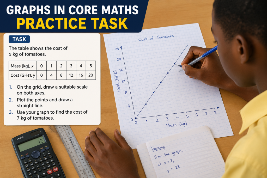 Graphs in Core Maths practice task showing a Ghanaian SHS learner plotting tomato cost against mass on graph paper using a ruler and calculator.