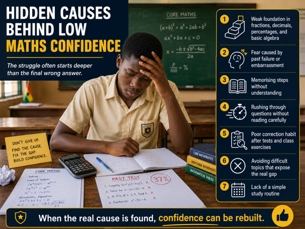 Maths confidence infographic showing hidden causes behind low Core Maths confidence, including weak foundation, fear from past failure, poor correction habits, and lack of a simple study routine.