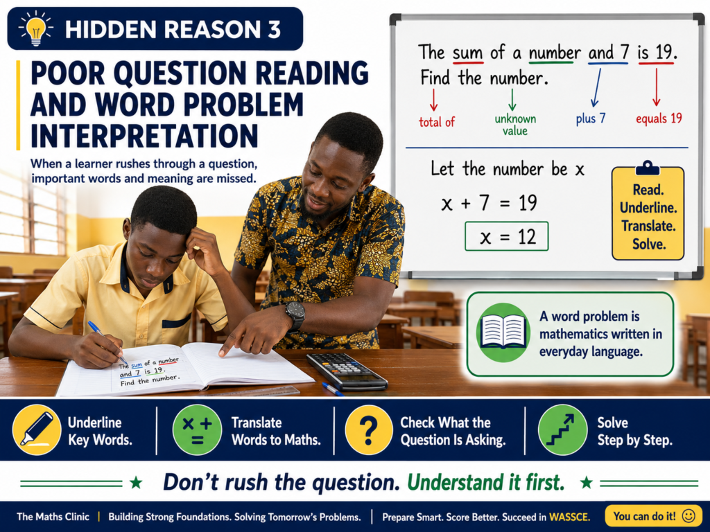 Ghanaian SHS student learning how poor question reading and weak word problem interpretation can affect WASSCE Core Mathematics performance.