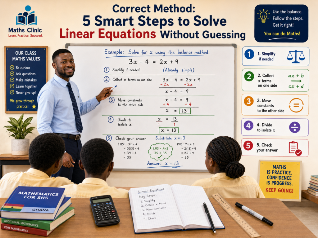 An infographic showing the correct method for solving linear equations in Core Maths, with 5 smart steps explained by a Ghanaian SHS mathematics teacher.