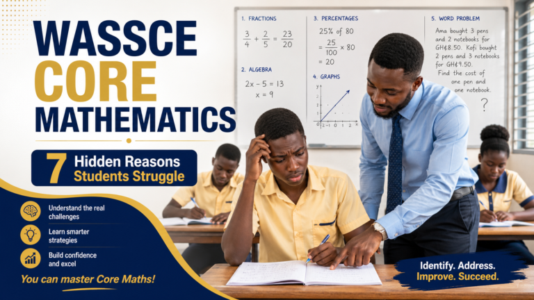 WASSCE Core Mathematics featured image showing a Ghanaian SHS mathematics teacher guiding a worried student through fractions, algebra, percentages, graphs, and word problems to explain 7 hidden reasons students struggle.