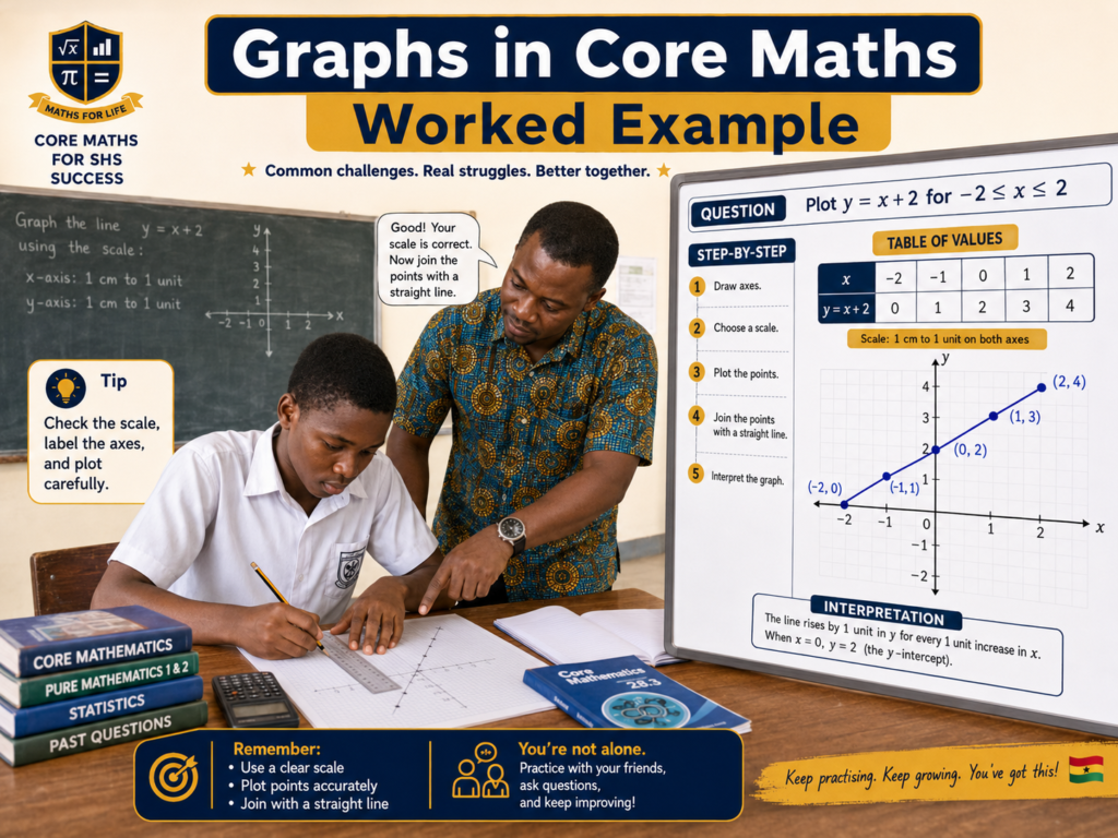 Graphs in the Core Maths worked example show a Ghanaian SHS learner plotting points while a teacher checks the scale, axes, and straight line.