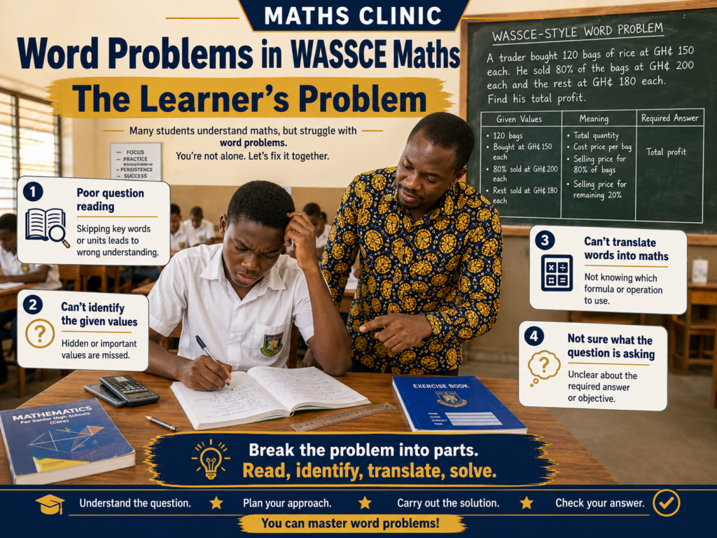 Word Problems in WASSCE Maths infographic showing a Ghanaian SHS learner struggling to identify given values, meaning, and required answer.