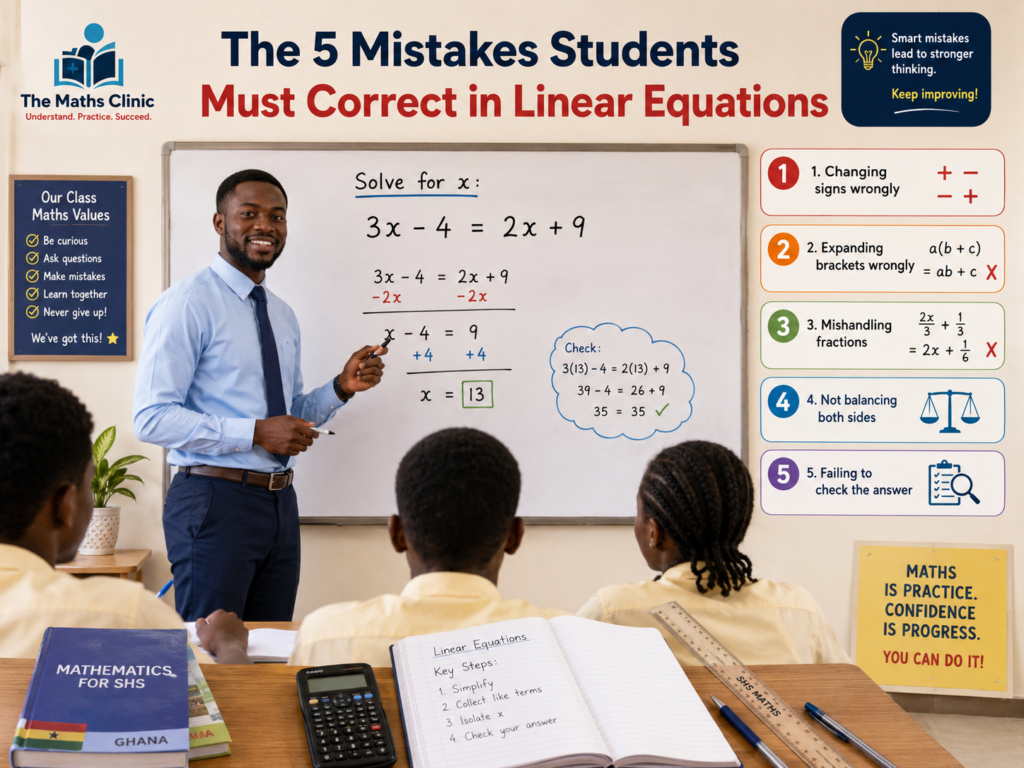 An infographic showing 5 common mistakes students must correct in linear equations in Core Maths, taught by a Ghanaian SHS mathematics teacher in class.
