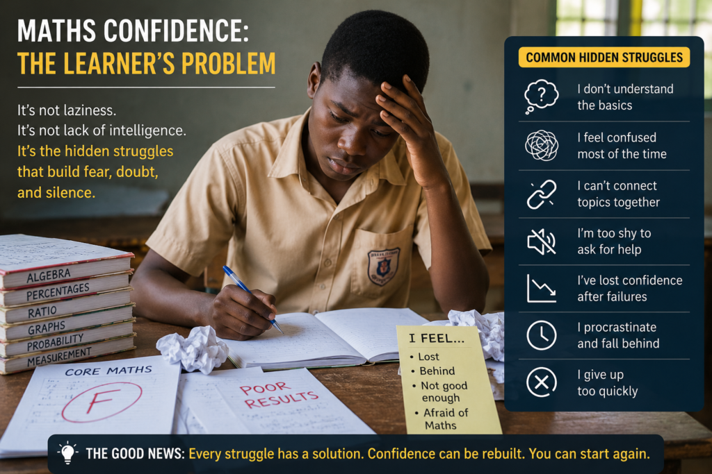 Maths confidence infographic showing a Ghanaian SHS student struggling with Core Maths because of hidden learning gaps, fear, confusion, and past failure, with a reminder that confidence can be rebuilt.