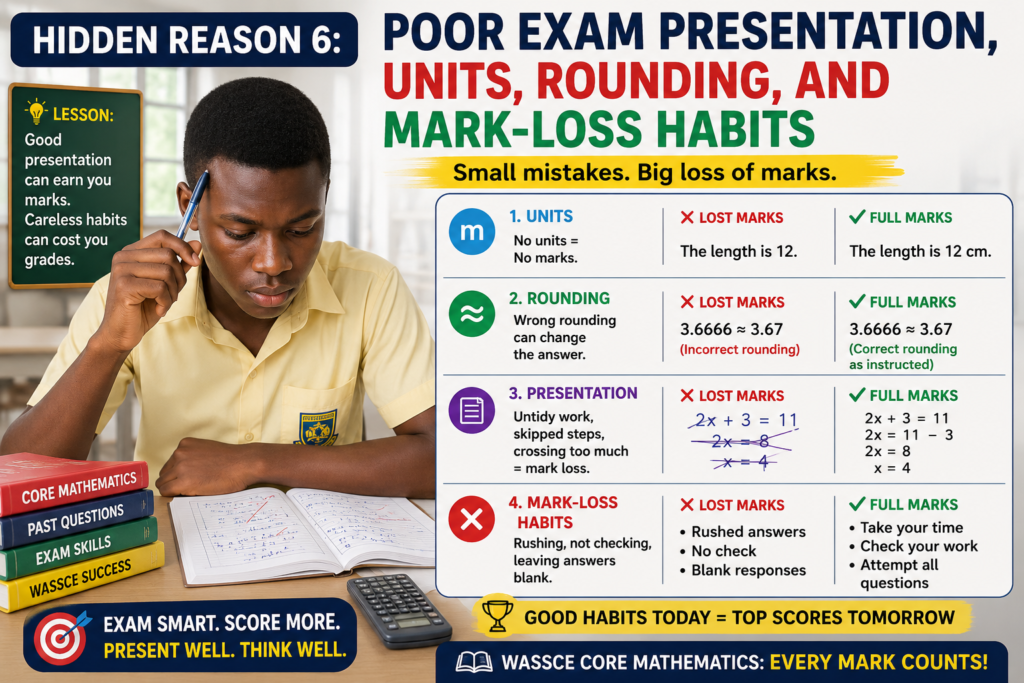 Ghanaian SHS students learning how poor exam presentation, missing units, wrong rounding, and mark-loss habits affect WASSCE Core Mathematics scores.