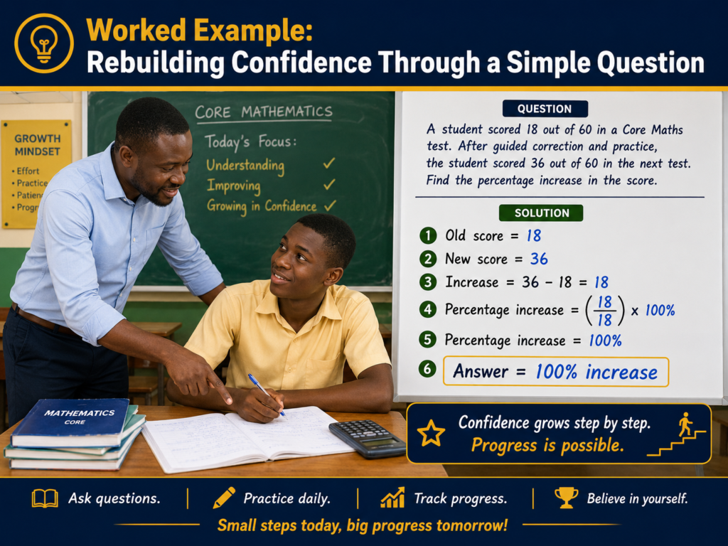 Ghanaian SHS mathematics teacher guiding a student through a worked example on percentage increase to rebuild maths confidence step by step in Core Maths.