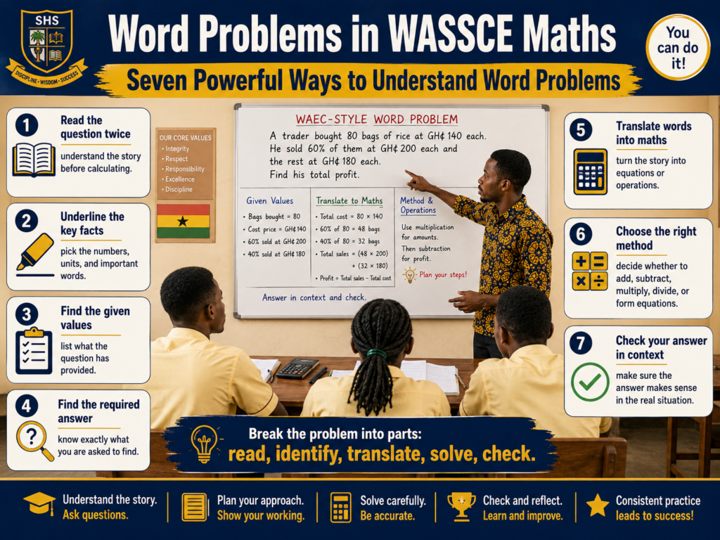 Word Problems in WASSCE Maths infographic showing seven ways to understand questions by reading carefully, identifying given values, translating words, solving, and checking answers.