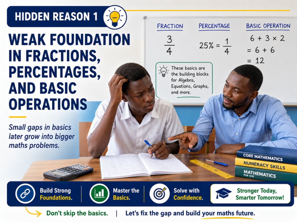 Ghanaian SHS student learning how weak foundations in fractions, percentages, and basic operations affect WASSCE Core Mathematics understanding.
