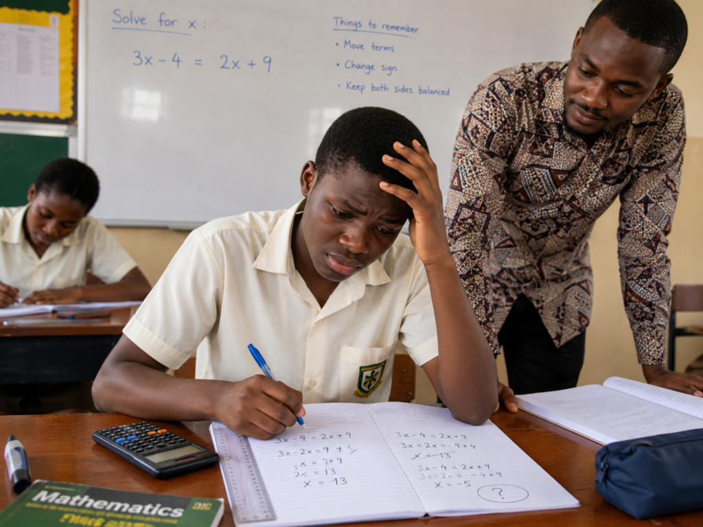 A Ghanaian SHS student is struggling with linear equations in Core Maths while a teacher supports him in class.