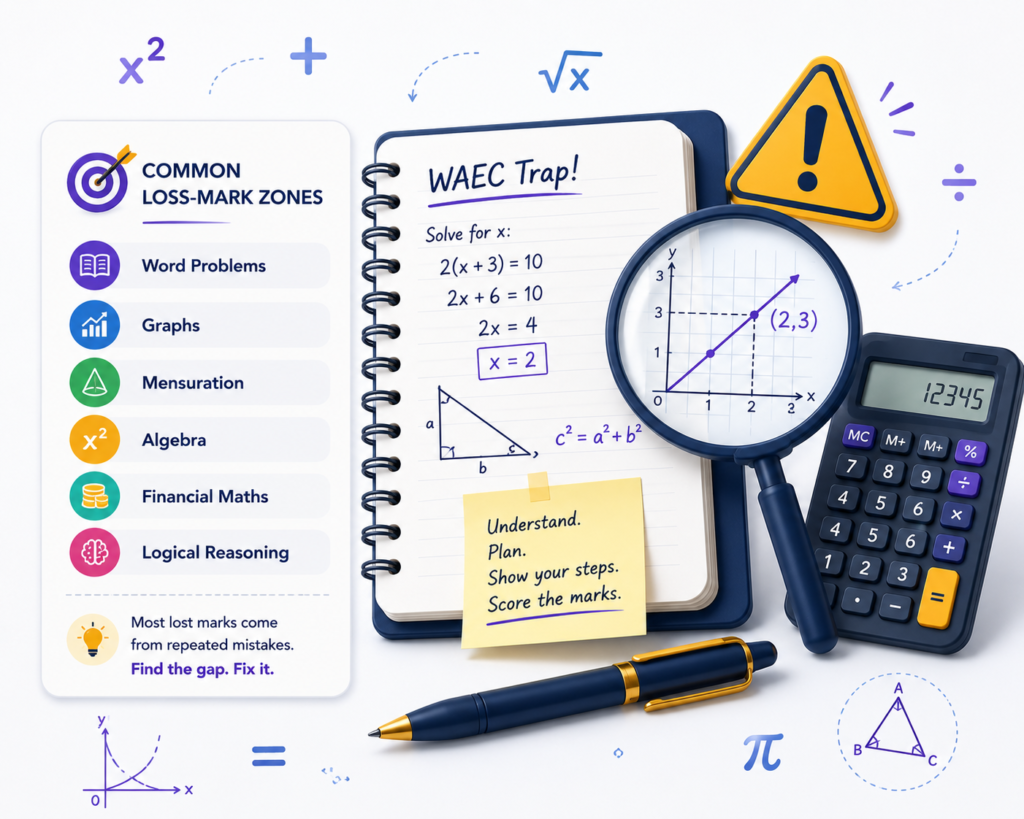WAEC Maths Traps illustration showing common Core Maths mistake areas