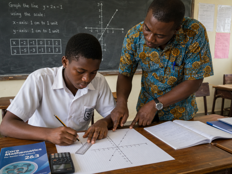 Graphs in Core Maths lesson showing a Ghanaian SHS learner plotting points while a teacher checks the scale and axes.