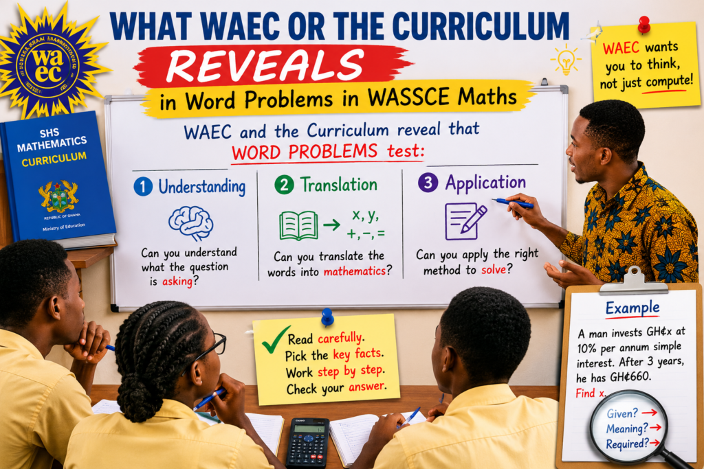 What WAEC or the Curriculum Reveals in Word Problems in WASSCE Maths infographic showing a Ghanaian teacher explaining how WAEC tests understanding, translation, and application in word problems.