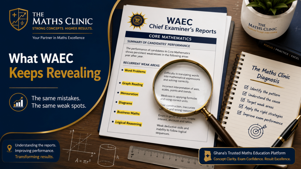 WAEC Chief Examiner’s Reports showing repeated WASSCE Core Mathematics mistakes and weak areas