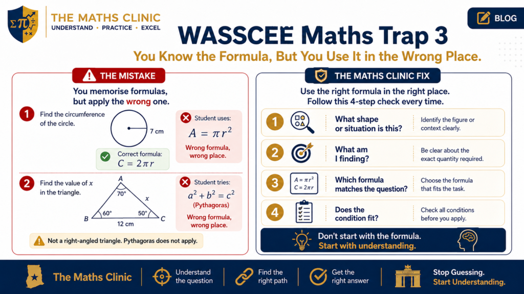 WASSCE Maths trap showing students using the wrong formula in Core Mathematics and how to choose the correct one