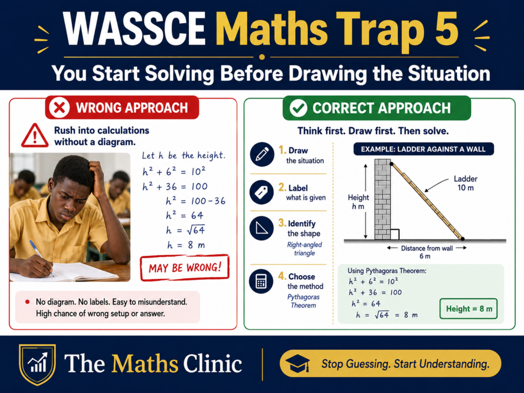 WASSCE Maths trap showing why students should draw and label the situation before solving a Core Mathematics problem