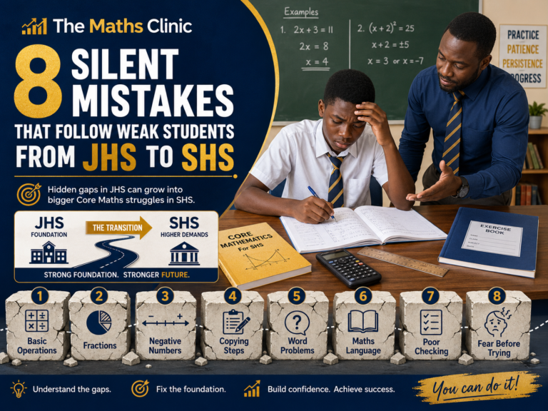 Weak students from JHS to SHS facing eight silent Core Maths mistakes, including weak basic operations, fractions, negative numbers, word problems, poor checking, and fear before trying.