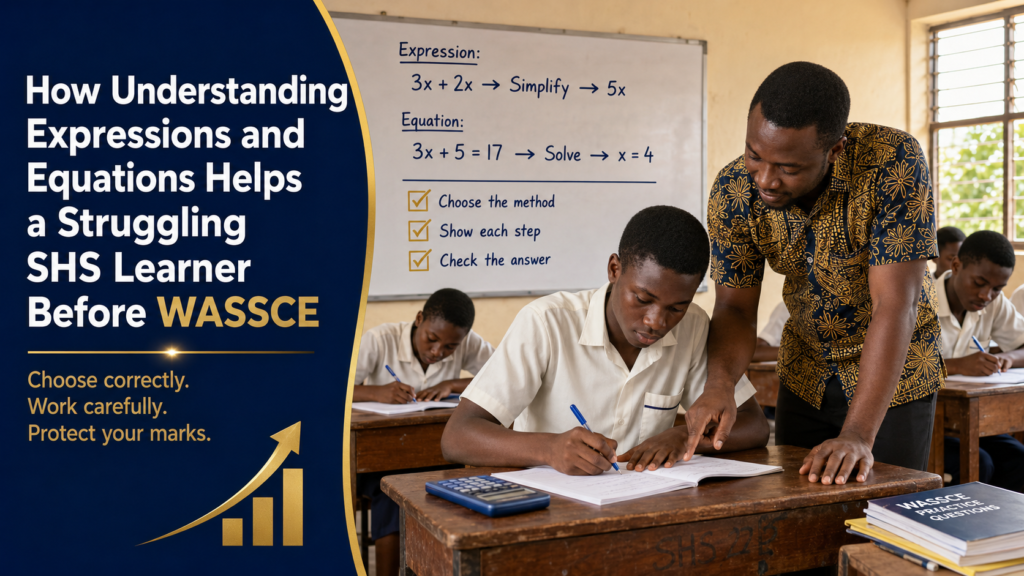 Ghanaian teacher guiding a struggling SHS learner to understand expressions and equations during WASSCE preparation.