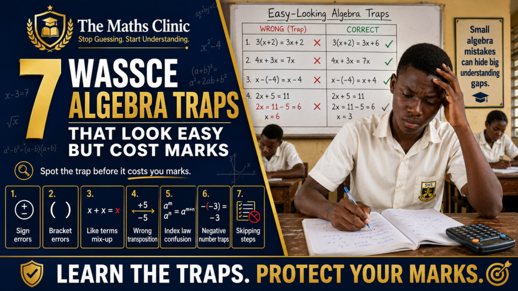 “7 WASSCE Algebra Traps That Look Easy but Cost Marks,” showing a worried Ghanaian SHS student solving algebra in class, with a board comparing wrong and correct methods for common traps such as sign errors; bracket errors; like terms mix-up; wrong transposition; index law confusion; negative number traps; and skipping steps.