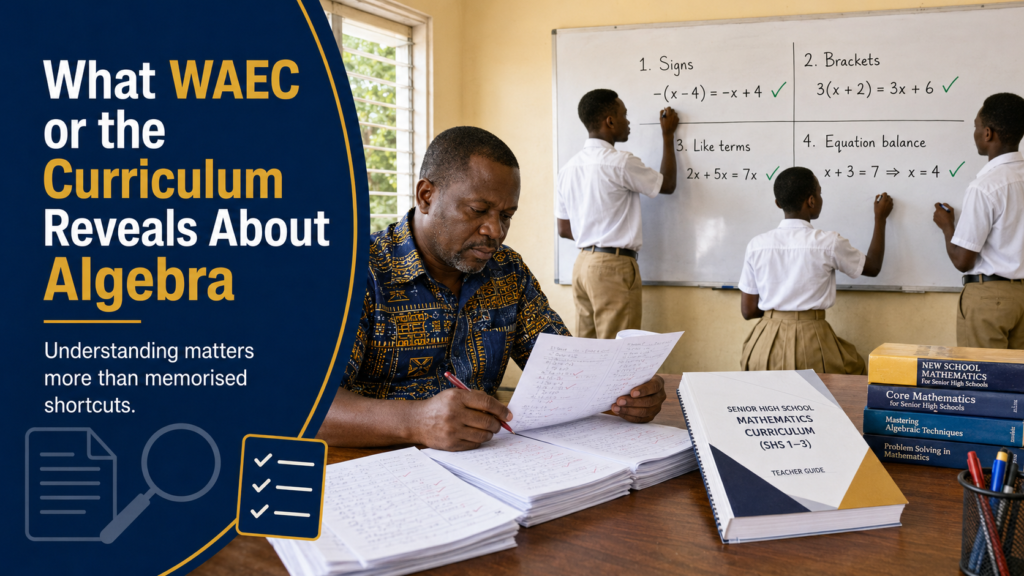 Ghanaian teacher reviewing what WAEC and the curriculum reveal about learners’ understanding of algebra.