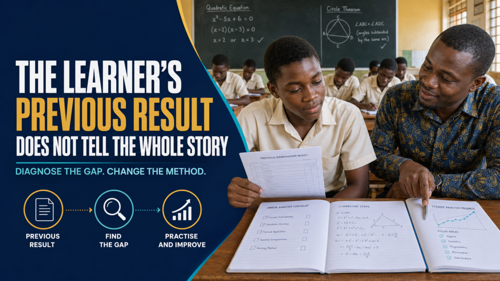 Ghanaian learner reviewing a previous core mathematics result with a teacher to identify learning gaps and improve the study method.