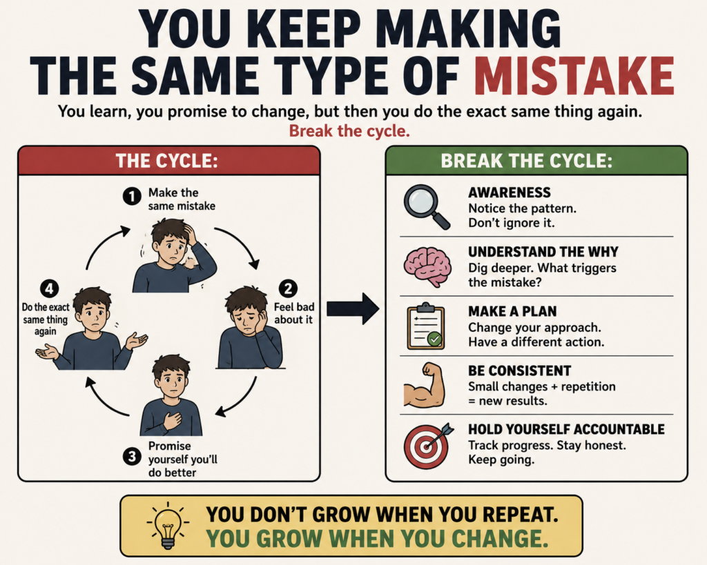 A learner caught in a cycle of repeating the same type of mistake, with practical steps for identifying the pattern, understanding its cause, changing the approach, and improving through consistent practice.