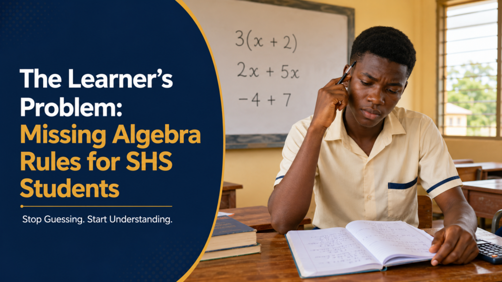 Ghanaian SHS learner struggling to understand algebra rules for SHS students in a mathematics classroom.