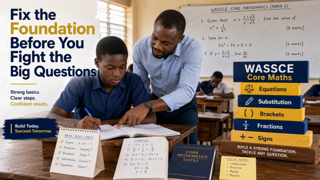 A Ghanaian SHS teacher is helping a student fix algebra foundation skills before solving WASSCE Core Maths questions, with signs, fractions, brackets, substitution, and equations shown as learning blocks.