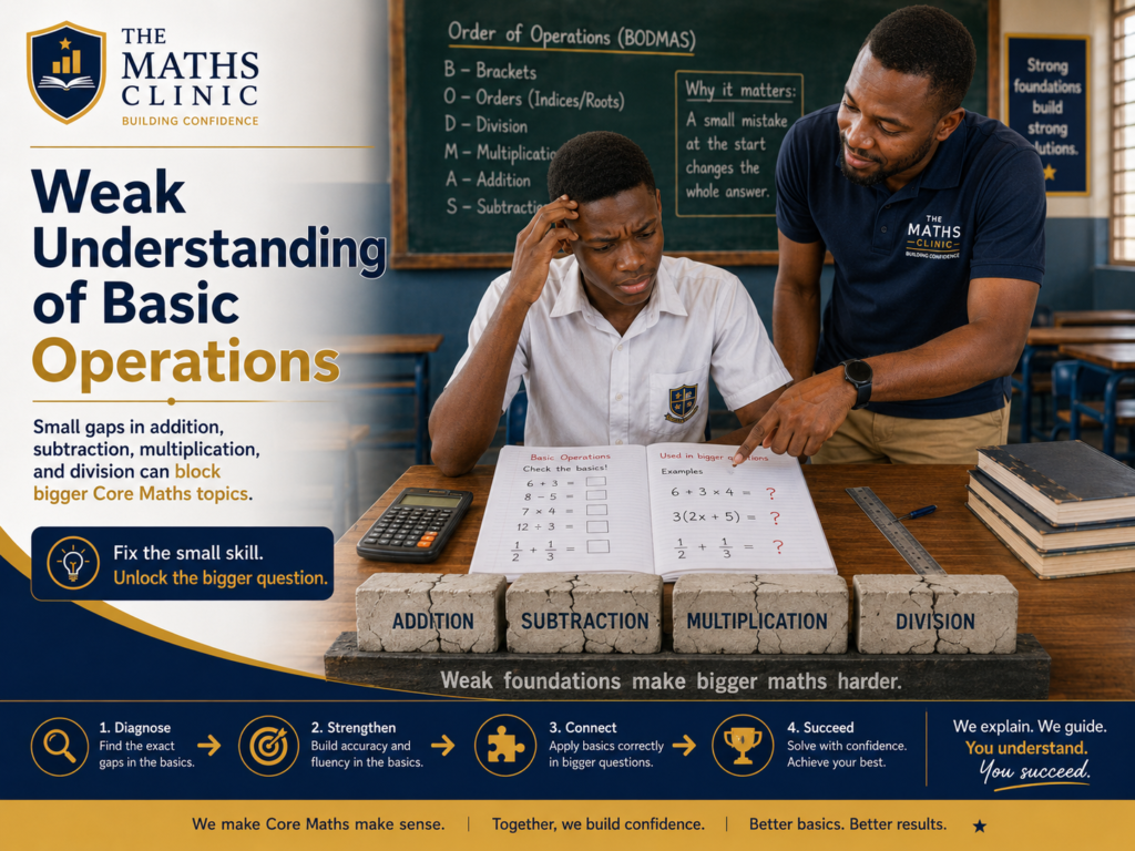 A weak understanding of basic operations is shown by a Ghanaian SHS learner receiving guidance on addition, subtraction, multiplication, division, and BODMAS in Core Maths.