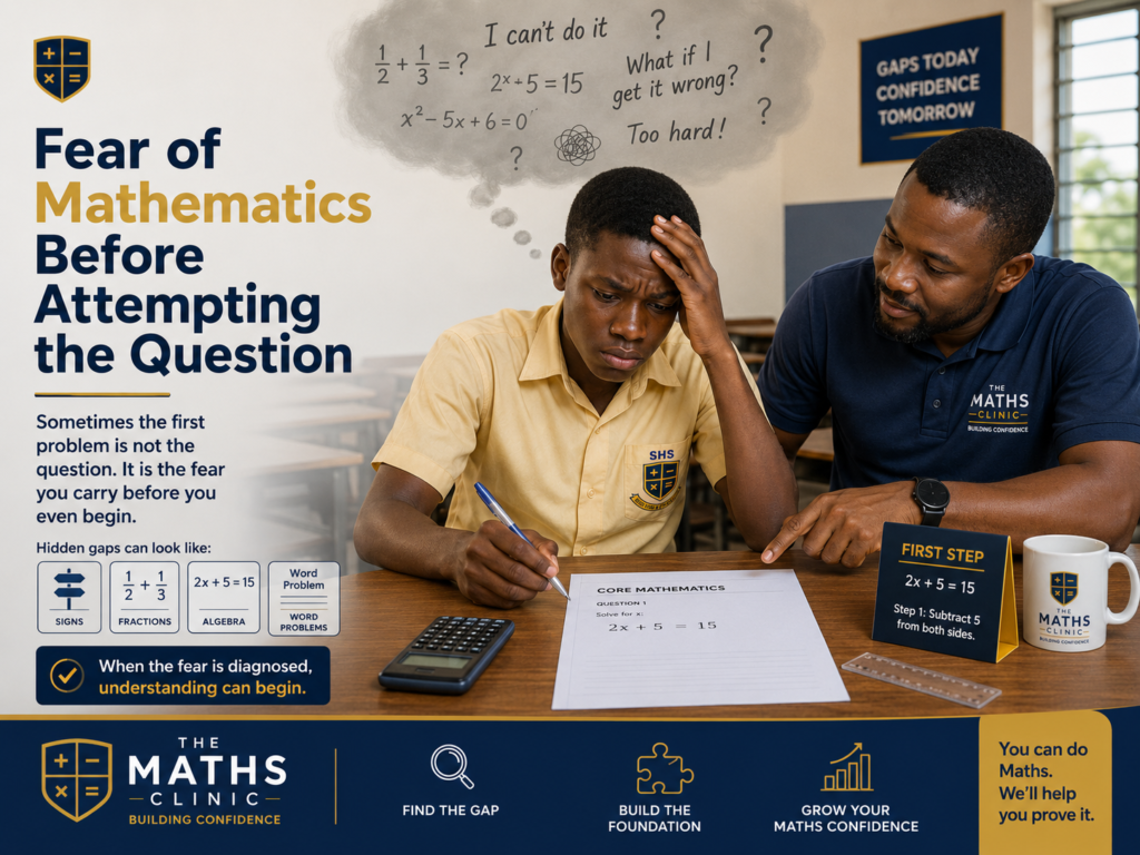 Fear of mathematics before attempting the question, shown by a worried Ghanaian SHS learner receiving calm guidance from a Core Maths teacher.