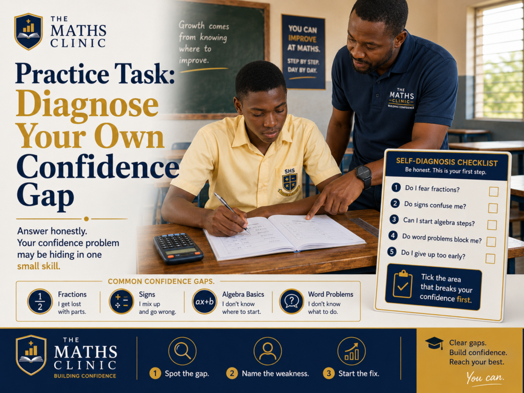 A Maths confidence practice task showing a Ghanaian SHS learner using a self-diagnosis checklist to identify hidden gaps in fractions, signs, algebra basics, and word problems.