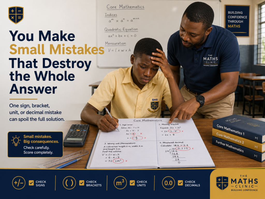 Maths confidence is affected by small errors as a Ghanaian SHS learner reviews sign, bracket, unit, and decimal mistakes with a Core Maths teacher.