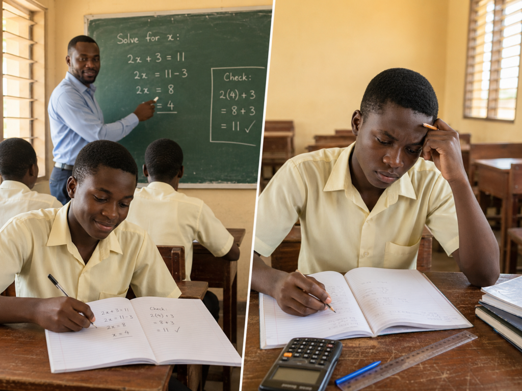 A Ghanaian SHS learner is testing whether he truly understands a Maths topic by comparing guided classwork with solving Core Maths questions alone.